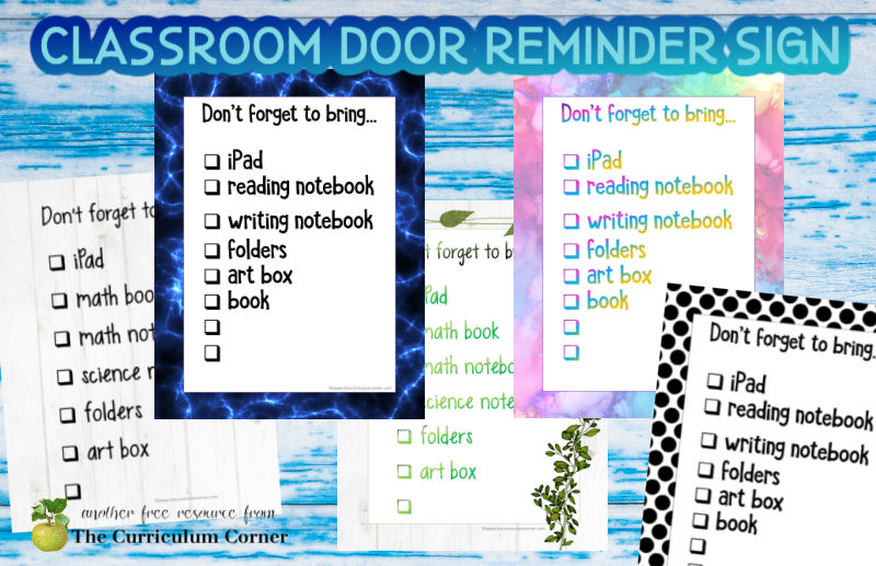 Add one of these classroom door supply signs to your classroom entry to remind students of supplies to bring.