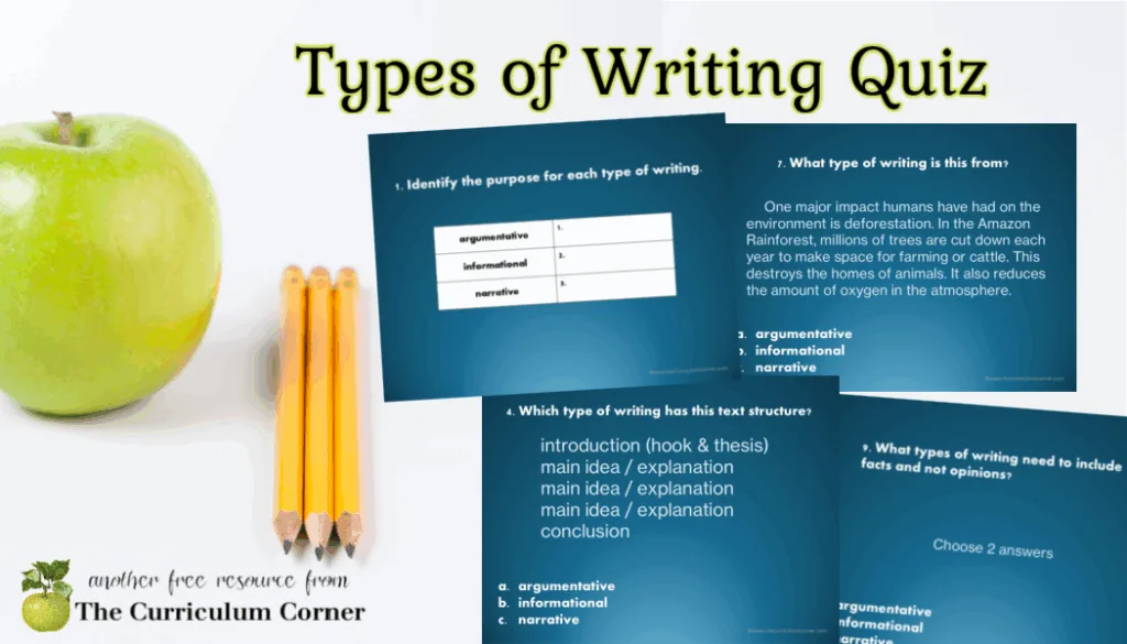 Review writing formats with intermediate students using these slides as a quiz. Includes argumentative, informational, and narrative.