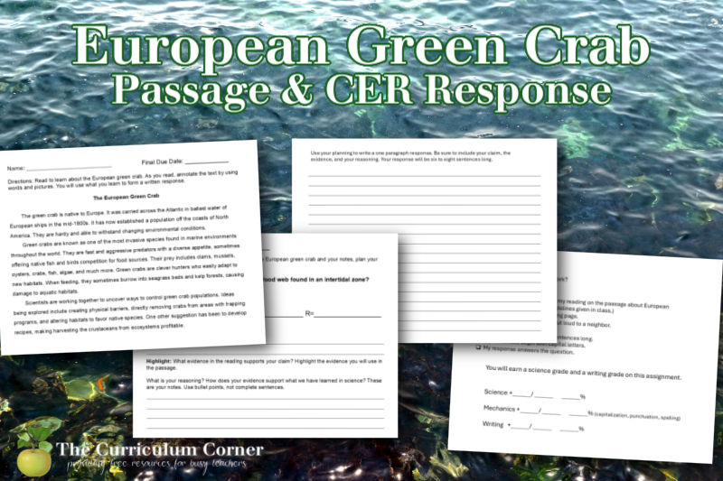 This passage helps students understand invasive European green crabs. Students will read and form a CER response.