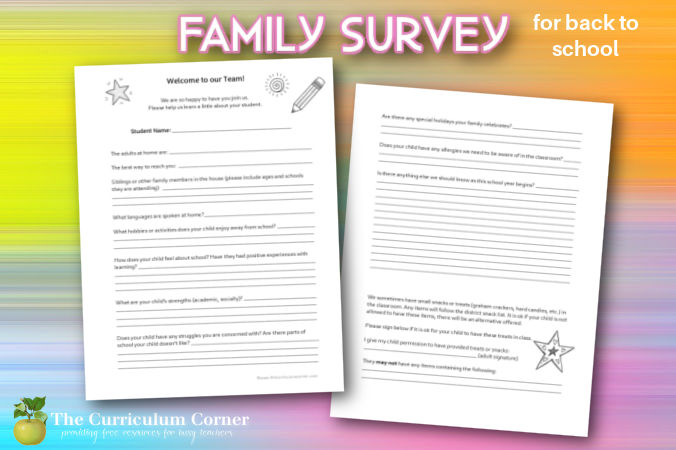 Family Survey for back to school - designed for intermediate classrooms