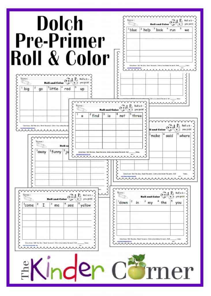Dolch Pre-Primer Words Roll & Color Boards by The Curriculum Corner Free