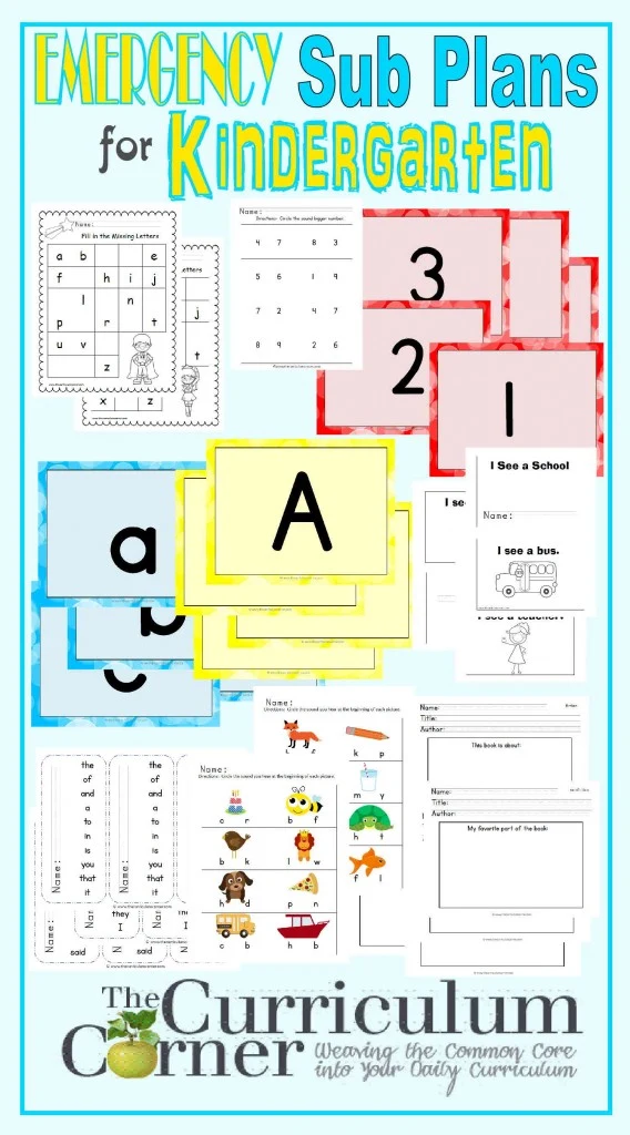 Kindergarten Emergency Sub Plans FREE from The Curriculum Corner | Check out these amazing plans for that last minute sick day!
