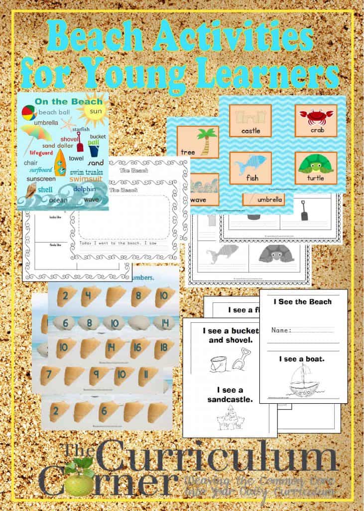 Beach Activities for Young Learners free from The Curriculum Corner | Write the Room | Counting Mats | Word Wall | Writing Prompts | & more!