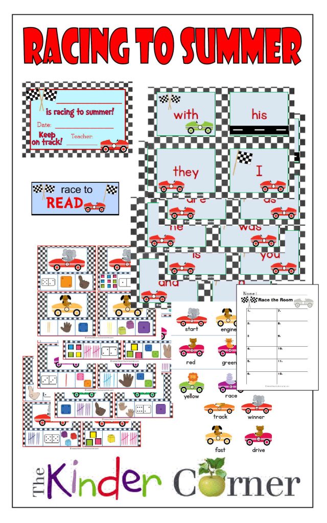 Racing into Summer includes Fry Word cards (1st 100), Write the Room, Number representation clip cards and more all FREE from The Curriculum Corner