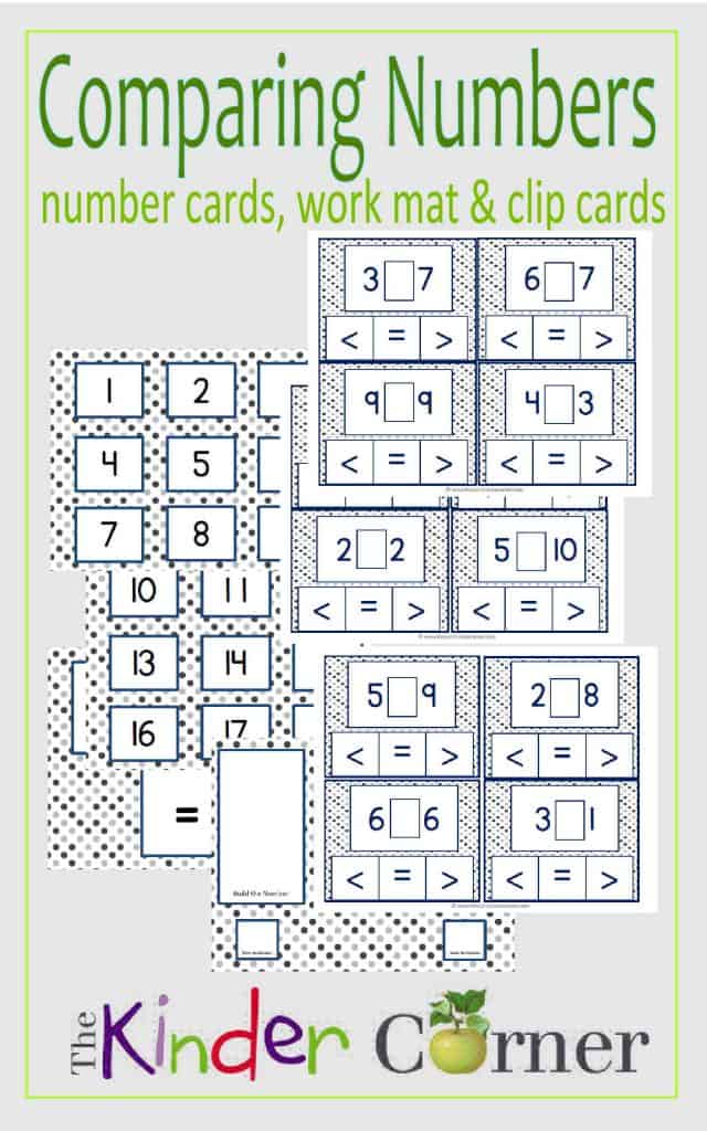 Comparing Numbers Cards, Work Mat, Clip Cards to meet kindergarten standards | Free from The Curriculum Corner