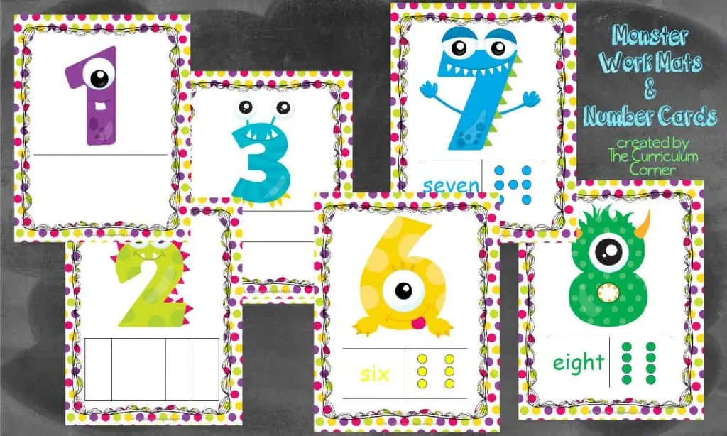 Monster Themed Number Mats free from The Curriculum Corner PLUS tons of resources for 10 frames