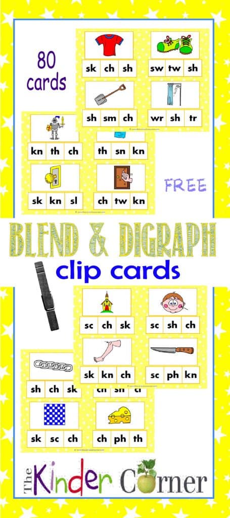 Blend & Digraph Sounds Clip Cards FREE from The Curriculum Corner | Word Work | Literacy Centers
