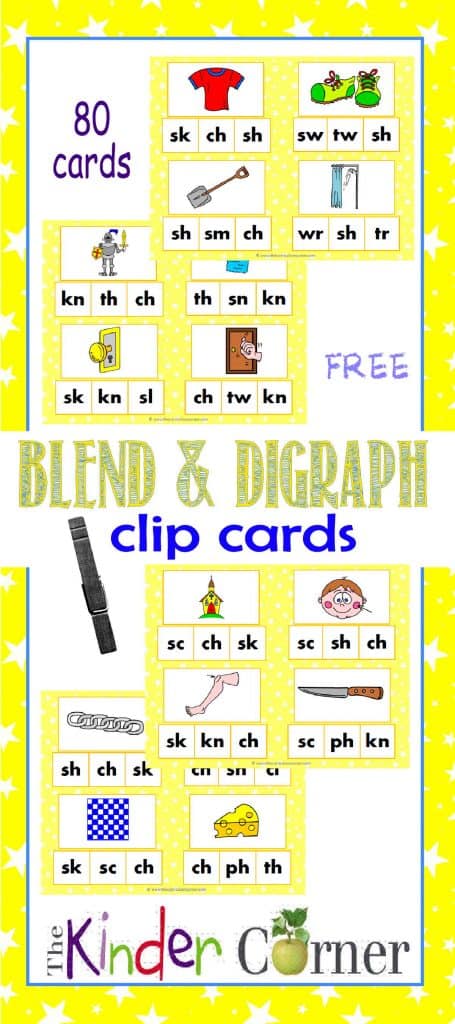 Blend & Digraph Sounds Clip Cards FREE from The Curriculum Corner | Word Work | Literacy Centers