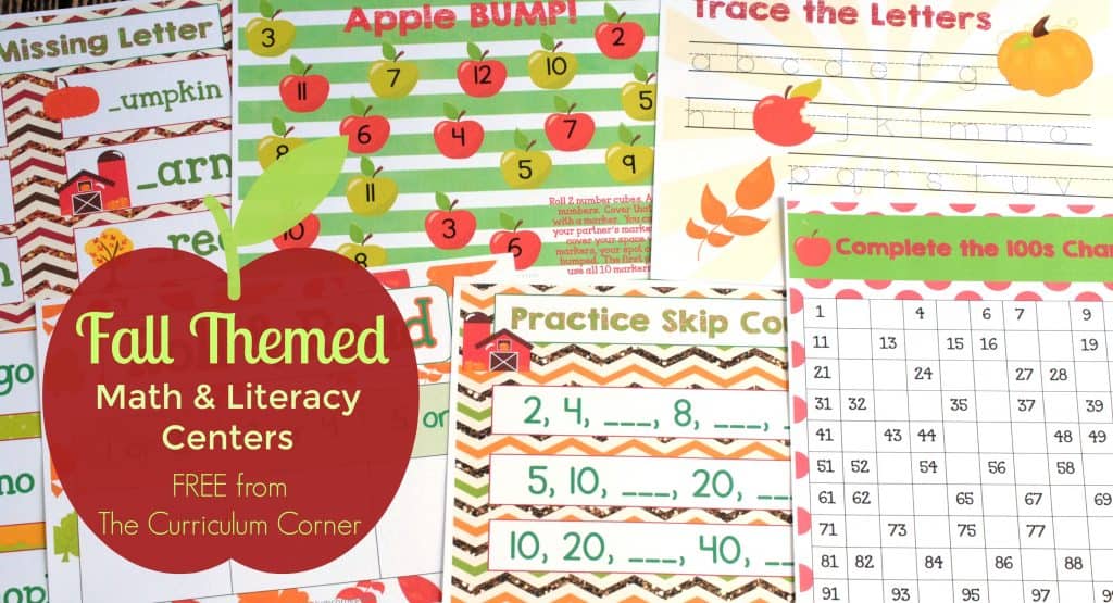 FREEBIE Fall Math & Literacy Centers for Kindergarten & First Grade from The Curriculum Corner | Fry Words, Bump, 100s Chart, Letter Matching & more!