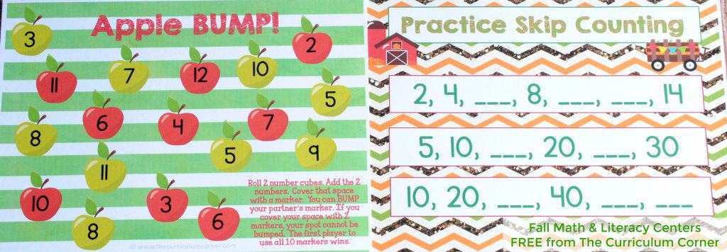 FREE Fall Math & Literacy Centers for Kindergarten & First Grade from The Curriculum Corner | Addition Bump, Skip Counting Mat & More!