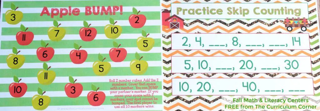 FREE Fall Math & Literacy Centers for Kindergarten & First Grade from The Curriculum Corner | Addition Bump, Skip Counting Mat & More!