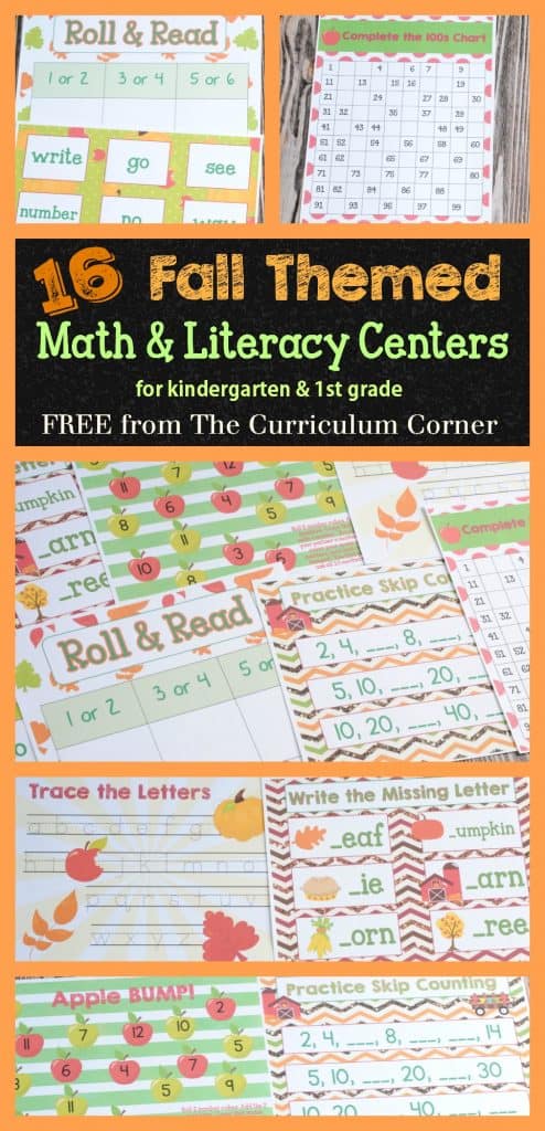 HUGE FREEBIE 16 Fall Math & Literacy Centers for Kindergarten & First Grade from The Curriculum Corner