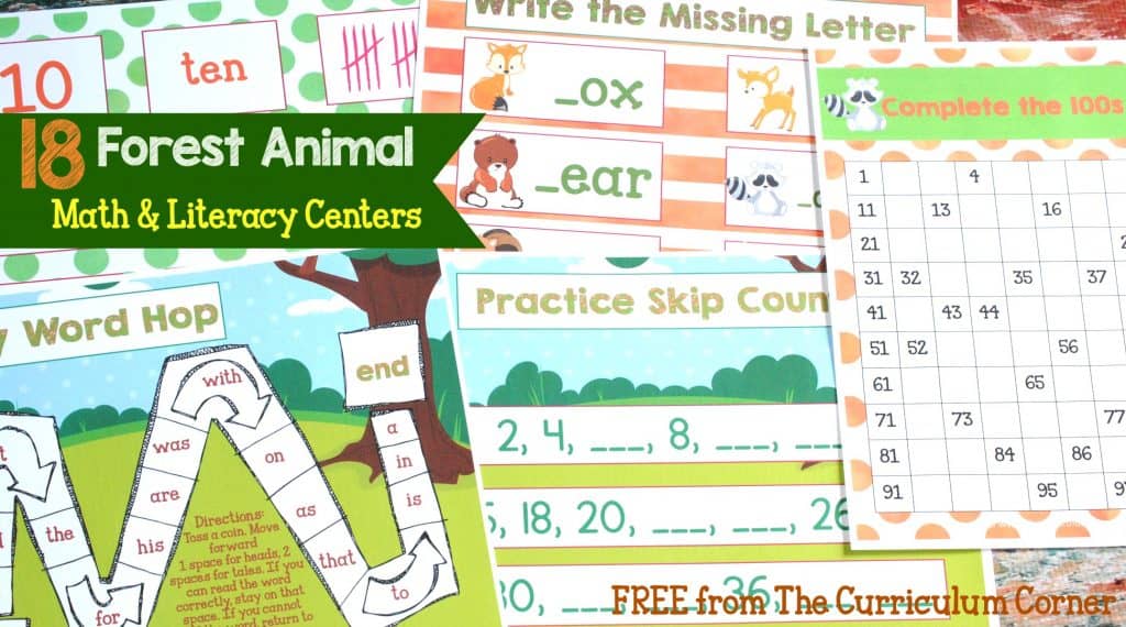 18 Forest Animal Math & kindergarten Literacy Centers for kindergarten & first grades - FREE from The Curriculum Corner
