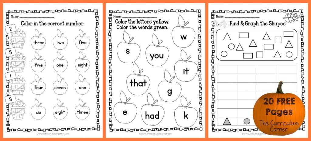 20 FREE Pages! Print & Go Kindergarten Practice Pages for Fall FREEBIE from The Curriculum Corner