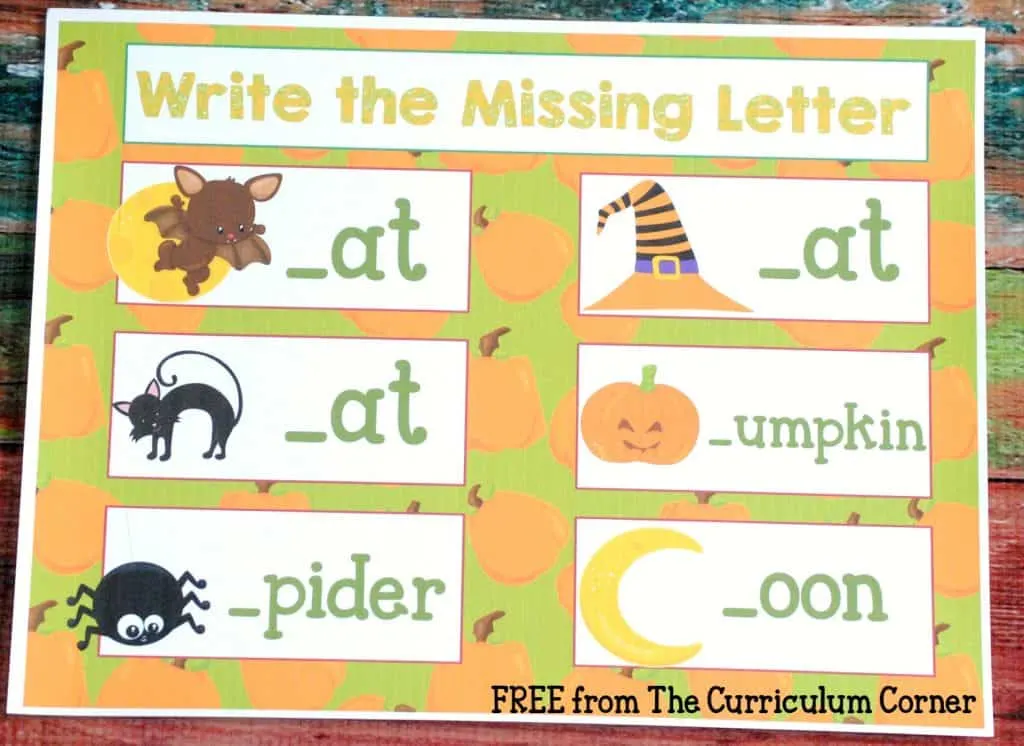 Missing Letters FREE COLLECTION! 20 Halloween Themed Math & Literacy Centers from The Curriculum Corner 