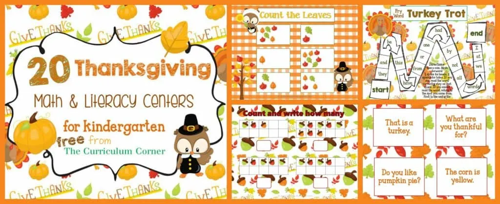 FREE Thanksgiving Centers for Math & Literacy from The Curriculum Corner | Fry Words | Math | Letters