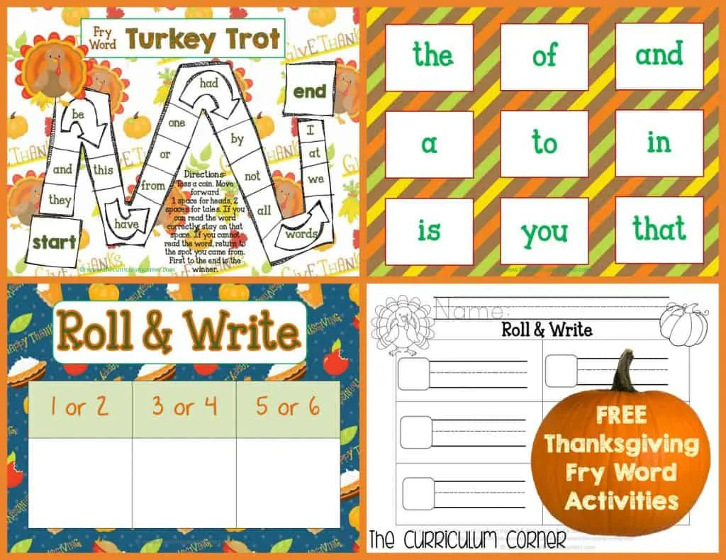 FREE Thanksgiving Math & Literacy Centers from The Curriculum Corner | Fry Words | Math | Letters | FREEBIE | Write the Room