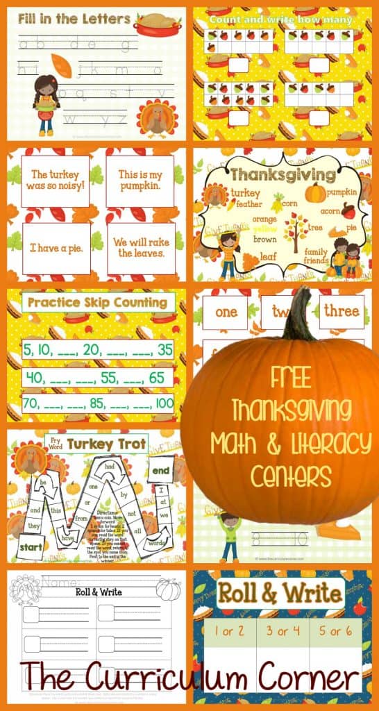 FREE Thanksgiving Math & Literacy Centers from The Curriculum Corner | Fry Words | Math | Letters | FREEBIES!