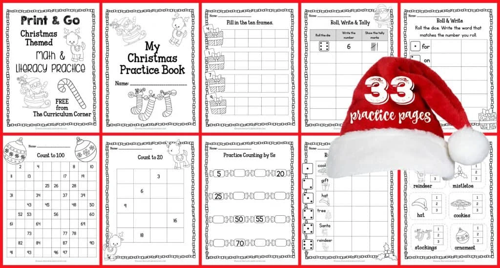 33 FREEBIE Pages! Print & Go Kindergarten & 1st Grade Practice Pages for Christmas from The Curriculum Corner | Fry Words | Number Sense