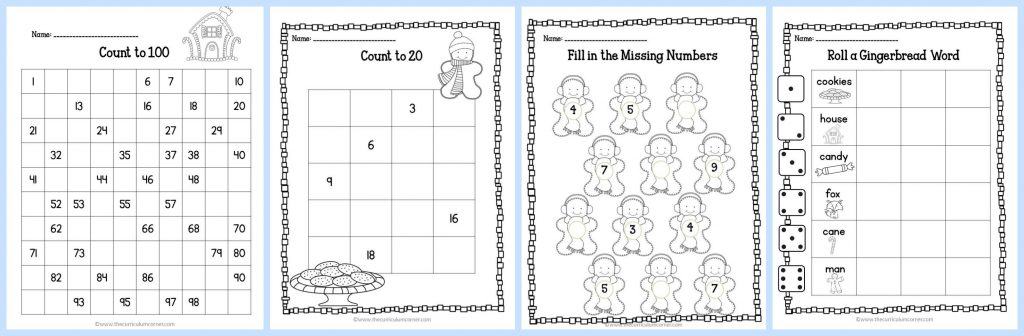 FREE Gingerbread Print & Go Math and LIteracy Practice Pages by The Curriculum Corner | for kindergarten & first grades