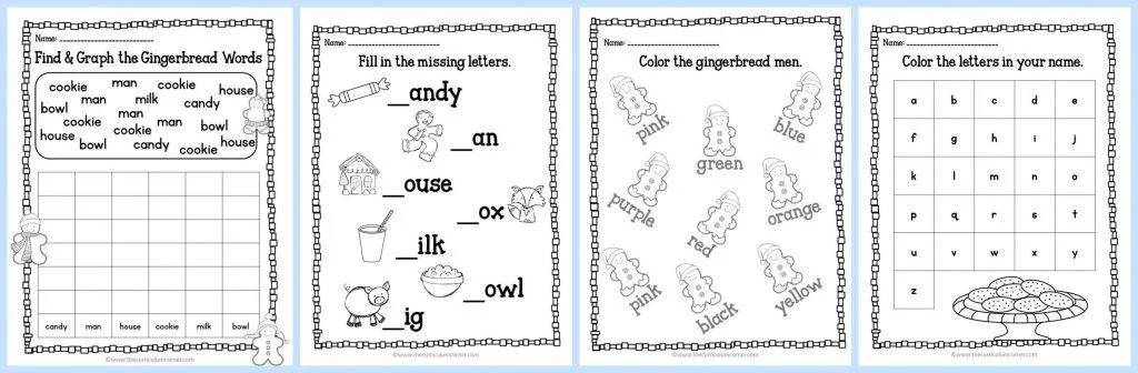 FREE Gingerbread Print & Go Math and LIteracy Practice Pages by The Curriculum Corner | kindergarten & first grade 