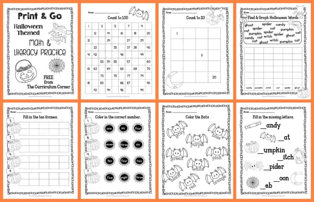 FREE! 22 Halloween Practice Pages - Print & Go Math and Literacy Pages | The Curriculum Corner | morning work | Kindergarten | 1st Grade