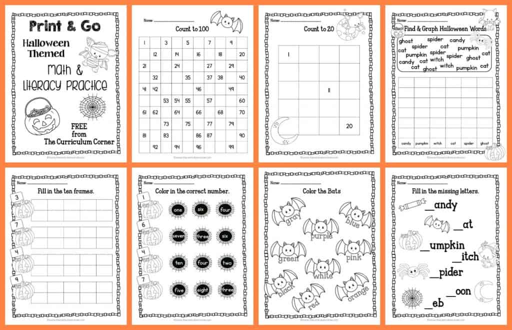 FREE! 22 Halloween Practice Pages - Print & Go Math and Literacy Pages | The Curriculum Corner | morning work | Kindergarten | 1st Grade