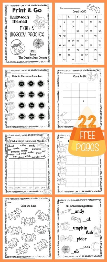 FREEBIE! 22 Halloween Print & Go Math and Literacy Pages | The Curriculum Corner | morning work | Kindergarten | 1st Grade