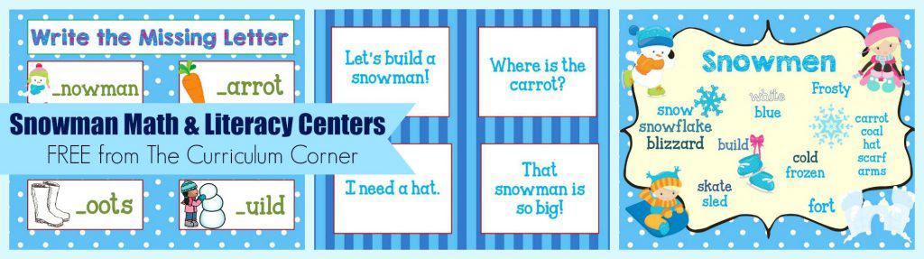 FREE Snowman Math & Literacy Centers from The Curriculum Corner | kindergarten | 1st grade | winter | snowmen | skill practice