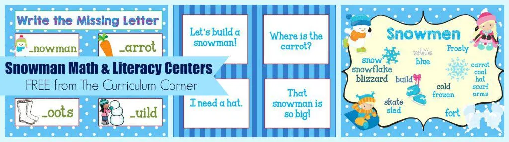 FREE Snowman Math & Literacy Centers from The Curriculum Corner | kindergarten | 1st grade | winter | snowmen | skill practice