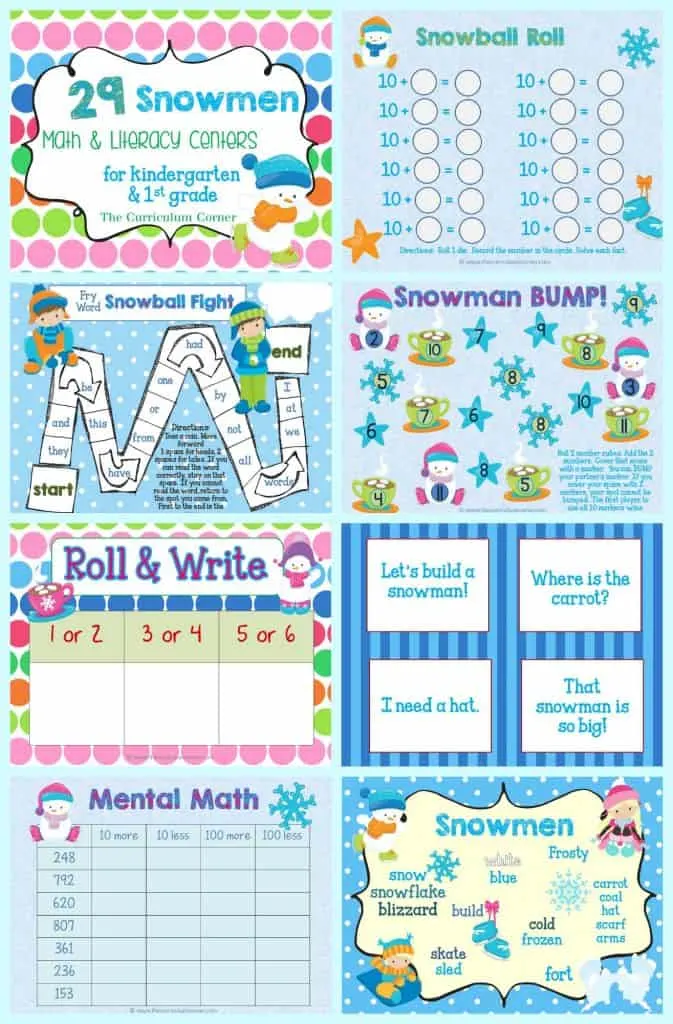 FREE Snowman Math & Literacy Centers from The Curriculum Corner | kindergarten | 1st grade | winter | snowmen | FREEBIES! | skill practice