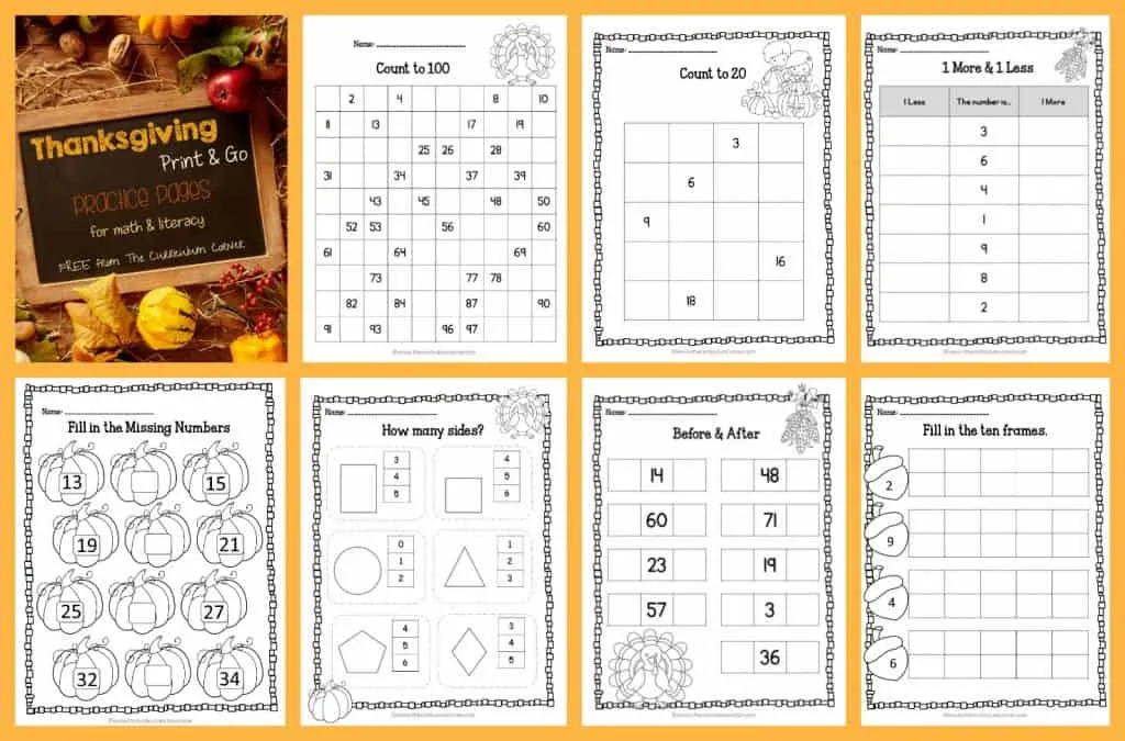 FREE Thanksgiving Print & Go Practice Pages for math & literacy practice | The Curriculum Corner, counting, Fry words, shapes