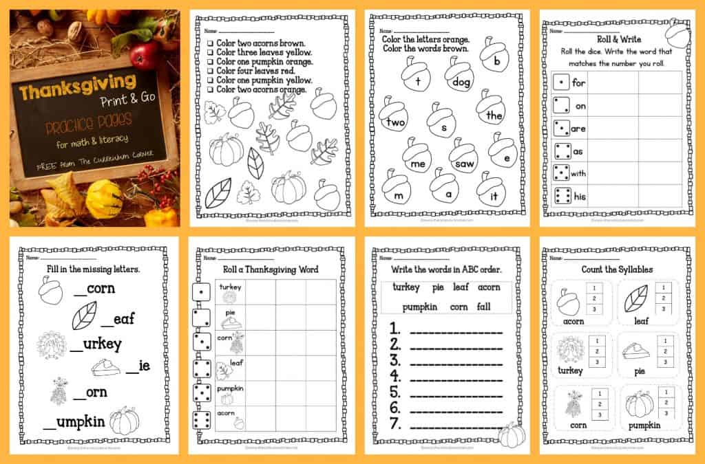 FREE Thanksgiving Print & Go Practice Pages for math & literacy practice | The Curriculum Corner, homework, morning work