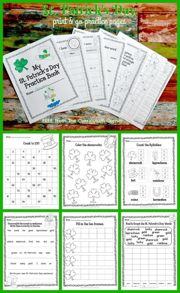 FREE St. Patrick's Day Print & Go Practice Pages from The Curriculum Corner | computation, number sense, word work, writing & more! FREEBIE