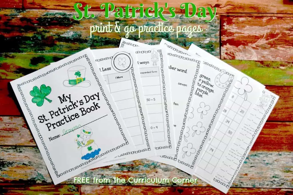 FREE St. Patrick's Day Practice Pages for Print & Go from The Curriculum Corner | computation, number sense, word work, writing & more!