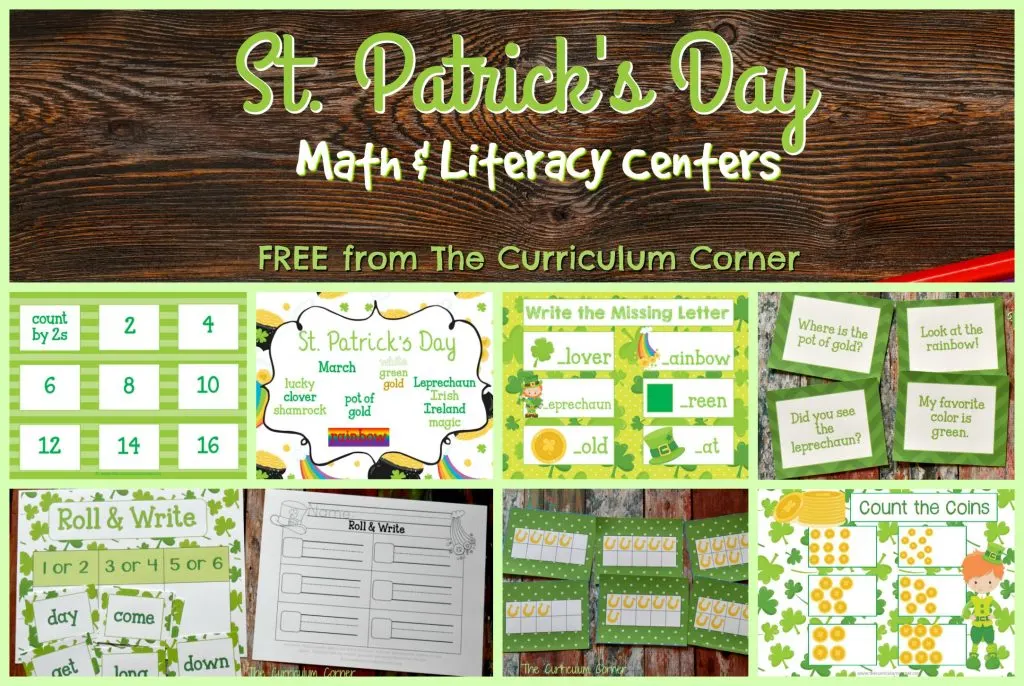 FREE Set of St. Patrick's Day Centers for Math & Literacy from The Curriculum Corner | Fry Words | math facts | 10 Frames