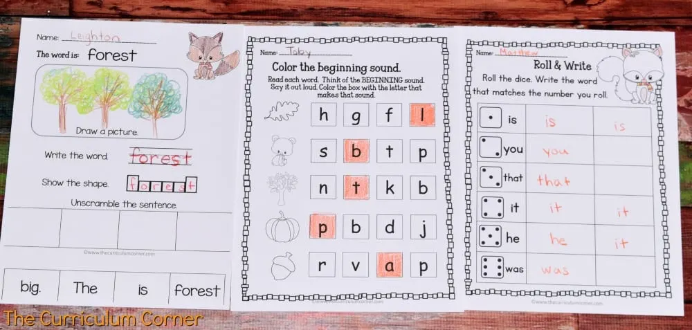 FREE Woodland Animals Print & Go Practice Pages for Math & Literacy from The Curriculum Corner 6