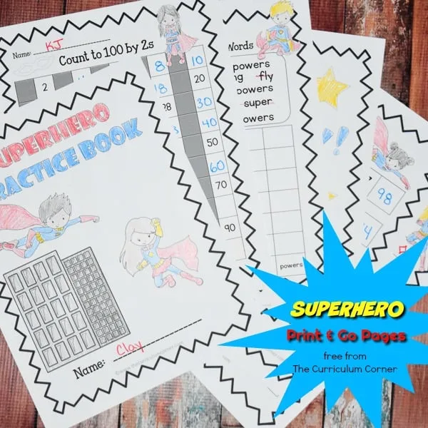 This free collection of math and literacy superhero practice pages (superhero worksheets) for print & go review is designed for skill practice.