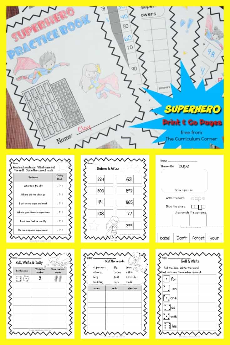 This free collection of math and literacy superhero practice pages (superhero worksheets) for print & go review is designed for skill practice.