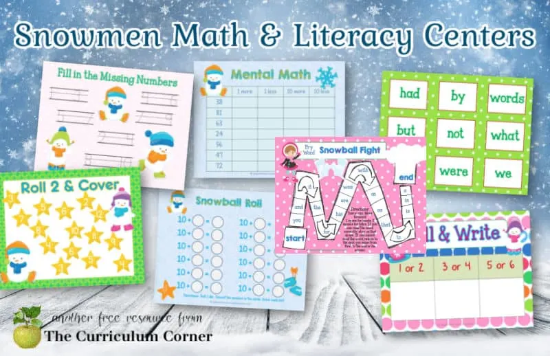 Use these colorful snowmen math and literacy centers to help you put together your winter themed classroom rotations. Free from The Curriculum Corner.